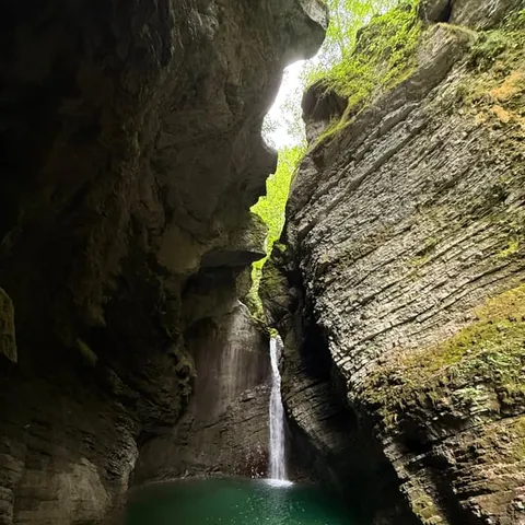 The Kozjak waterfall in its narrow gorge