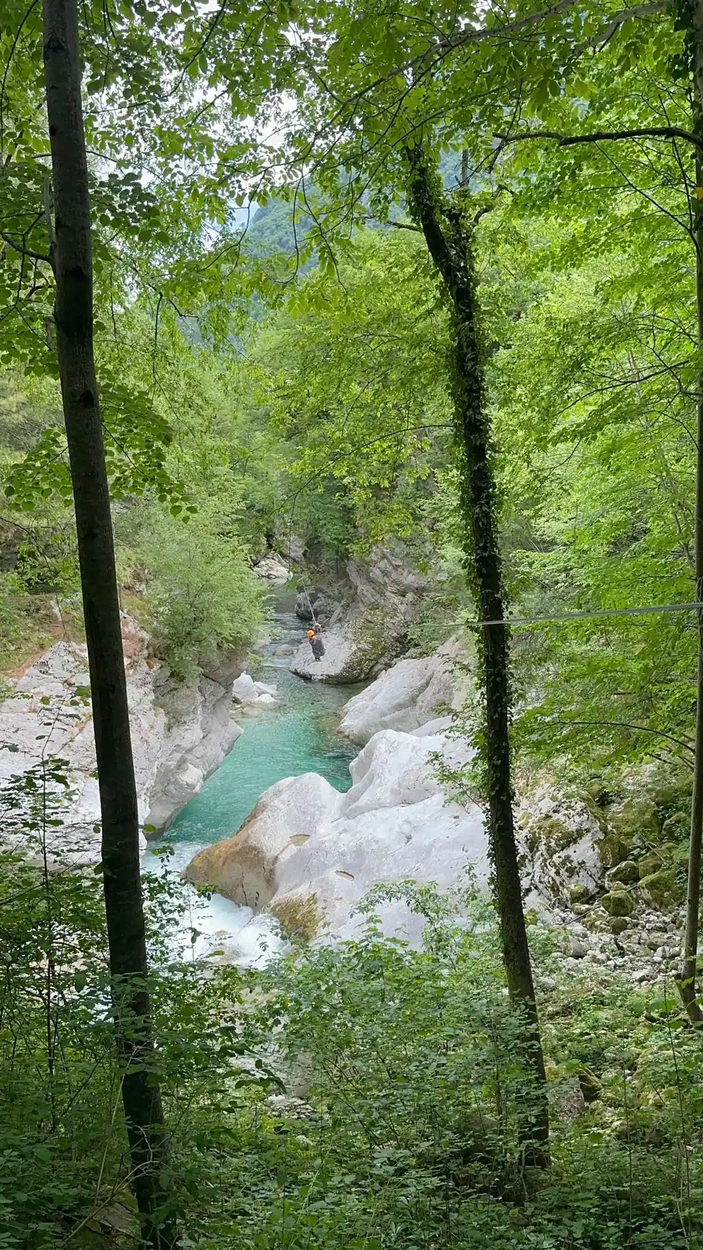 A rider far below among the trees and the water