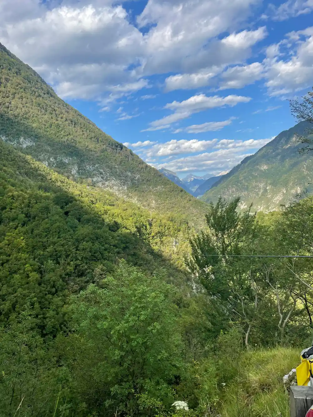 The valley opening out below the wooded slopes